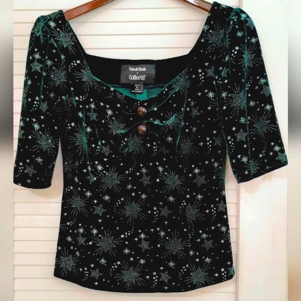 ModCloth Velvet Emerald Green & Silver Stars Back Zip Top Blouse.